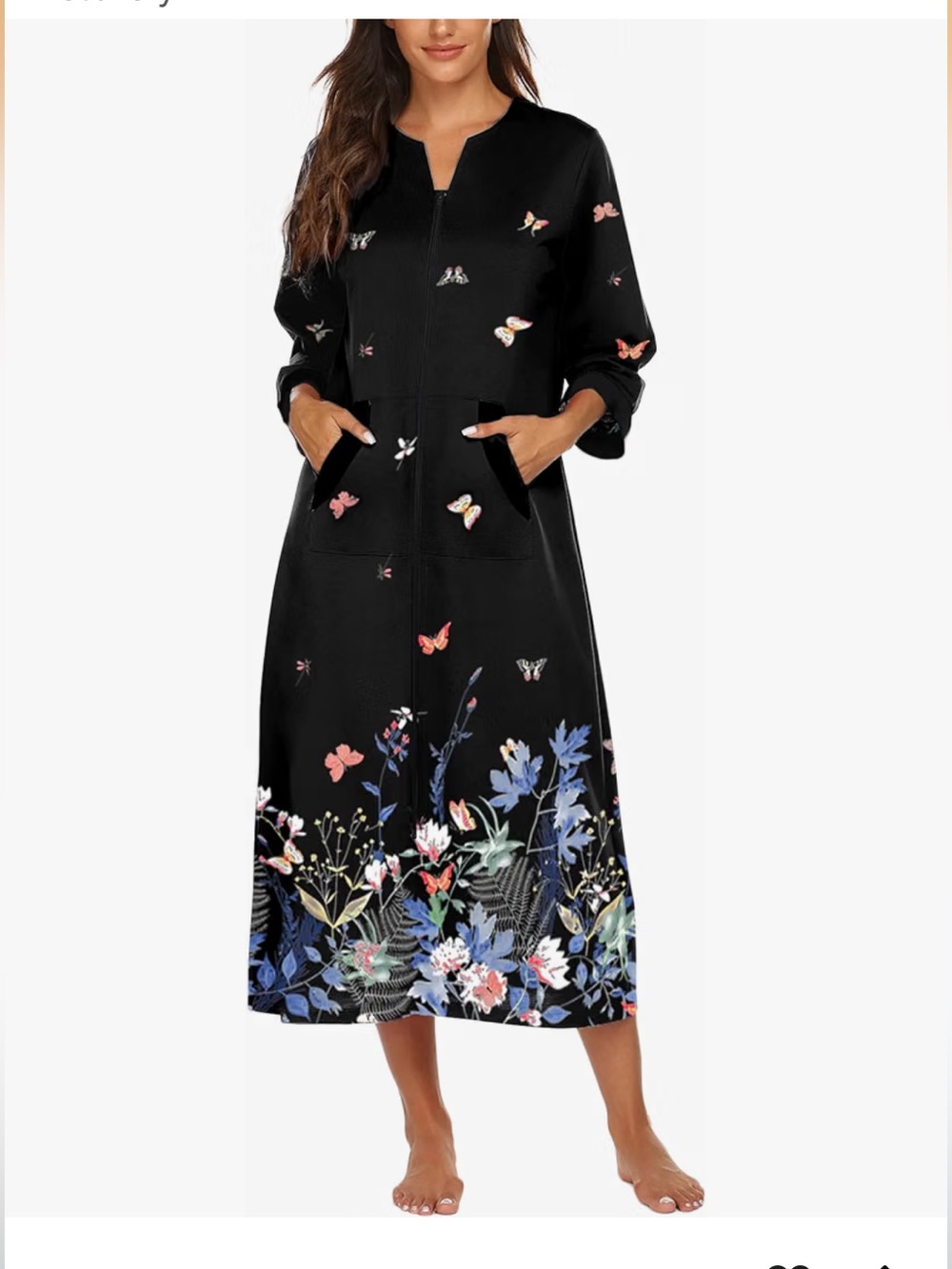 Black Floral & Butterfly Zip-Front Long Robe with Pockets